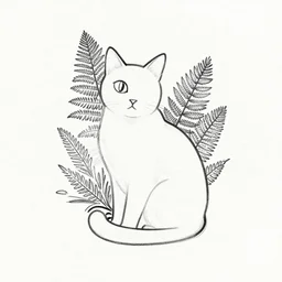tattoo sketch of a one eye cat, fern backgraund, organic ornament, minimalism, line art, vector