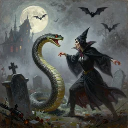 oil painting of vampire witch in foggy graveyard fighting a giant snake, the moon, bats, haunted house in background, by frank frazetta, greg rutkowski, grey green brown color, palette knife and brush strokes
