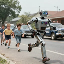 in the style of 1960s, A singular robot is running after a few kids ,   fully detailed ,4k ,HD, inspired by police chasing criminals