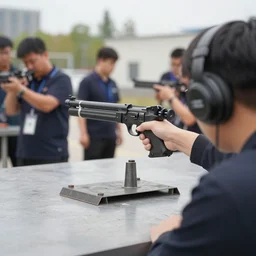 a new type of gun being tested out on a piece of metal by a group of people.
