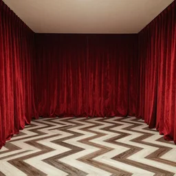 A surreal room with red velvet drapes and an off-white and dark-brown chevron pattern floor. Twin Peaks.