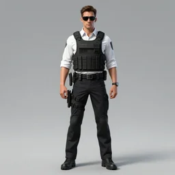 full body character design of realistic alt art special agent white button down shirt rolled up sleeves kevlar vest bullet proof sunglasses