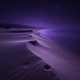 the violet shores of a distant planet at night ; the sand faintly glows with ethereal light.