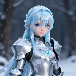 portrait focus of knight beautiful 3 d anime girl!! silver frozen ice armor wearing!! dark forest background snowing, bokeh, inspired by masami kurum