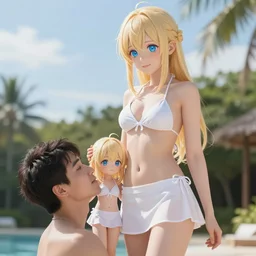 tiny father a tall daughter picture : a very beautiful young blond anime girl, sky blue eyes, bikini, white miniskirt, highly detailed, cinematic wallpaper by stanley artgerm lau h 1 0 0 0