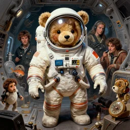 highly detailed wide - angle portrait of a retro teddy in a spacesuit in a spaceship, nicoletta ceccoli, mark ryden, lostfish, earl nore, hyung tae, frank frazetta, global illumination, detailed and intricate environment