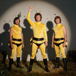 The Bee Gees dressed up in Bee Costumes