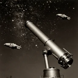 telescope staring at night starry sky with flying ships in sci-fi space with very dark and disturbing atmosphere, old vintage photo