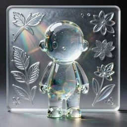 portrait of Uwu the 3d shining glass figurine in empty space, embossed panel with leaves and flowers, refracting light, caustics, light rays shining through, epic 8k, Zeiss 75mm
