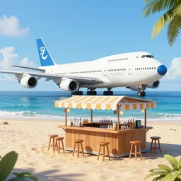 boeing 7 4 7 transformed in a beach bar in the middle of a paradisiac lagoon full of tropical fish, butterflies, palms and surrounded by riverfalls, global illumination lighting artstation, rossdraws