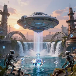 alien spacecraft hovering over beautiful pool of diamonds waterfalls surrounded by alien robots, steel archways, industrial buildings, rusty metal towers, sun setting, ross tran, fantasy, james jean, peter morbacher, angelarium, alchemy, luxury, heavenly light, soft illumination, trending on artstation, cinematic lighting, digital painting, octane render