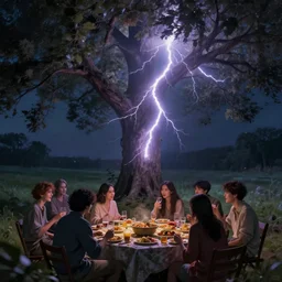 lightning strike on a tree beneath people are enjoying meal, horror theme, digital art