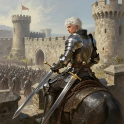 A highly detailed fantasy painting of a male warrior on a castle wall and an approaching army by Marc Simonetti and Craig Mullins, two swords, white hair, young man, plate armour, army, trending on artstation, 4k, octane render, unreal engine,