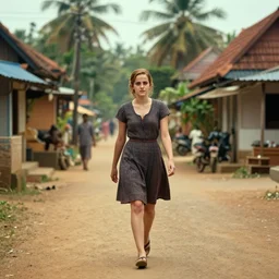 emma watson walking in the steets of a kerala village, cinematic, ultra realistic, volumetric lighting, hdr