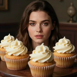 cup cakes with vanilla frosting in the shape of the face of kate mara, 4 k, hyperdetailed, photorealism