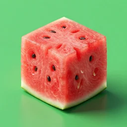 studio shot of a cube with watermelon texture, isometric perspective, green background, product shot, 8 k octane render, surreal, ultra - detailed, beautiful, masterpiece