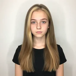 brunette with dyed blonde hair, 18 years old, 155 cm tall, flat ironed hair, green big eyes, small nose, small mouth, round shaped face, big forehead, lop eared, full body shot, , thin eyebrows, real life photograph