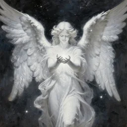 highdetailed hyperrealistic painting of white angel!!! no gender smiling noface!!!, light instead of hands, white sparkles everywhere, 4 k hd face!!!, angel bringing the light and give it to the space, big silver high detailed wings!!!, renaissance, by jan van eyck, holography space, glow effect, large strokes, monochrome!!!!!, digital painting, large paint strokes, textured oil painting, motion effect, blur effect, abstract painting by joan miro