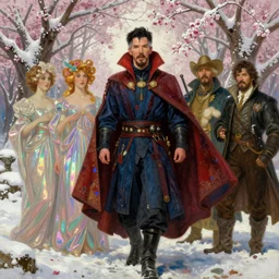 doctor strange, snow - covered cherry trees, iridescent skirts, dnd, hearthstone, artstation, painting by artgerm, by wlop, by greg rutkowski, gaston bussiere, craig mullins, mucha, bouguereau, ruan jia.