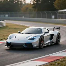 futuristic ( porsche designed by apple ) on a track, natural light, detailed, canon eos c 3 0 0, ƒ 1. 8, octane render, 3 5 mm, 8 k, medium - format print, blue light accents