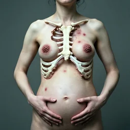 a woman with hands in her belly and nails on her head, a lump on her back and tumors on her skin, open thorax with bones, half cut, in the style of joel peter witkin