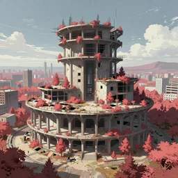 a beautiful ultradetailed anime illustration of unfinished building architecture moot hall abandoned city by jean - baptiste - camille corot, fantasy cyberpunk infrared dieselpunk reclaimed by nature fisheye at fall postcyberpunk lightpaint universe, archdaily, wallpaper, highly detailed, trending on artstation.