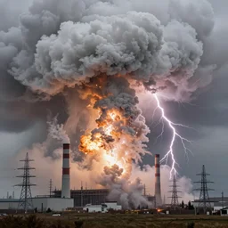 a massive surge of power at an electricity plant. close - up, dramatic clouds of smoke, lightning, explosion by caspar david friedrich, john martin, dan mumford, m. w kaluta and greg rutkowski