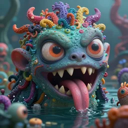 intricate colourful murky with strange cute friendly angry crazy creatures with huge beauty eyes # # # long tongue triangle teeth and scary face appearing from the water, in the style of craola, shallow depth of field, highly detailed, digital painting, trending artstation, concept art, illustration, cinematic lighting, vibrant colors, photorealism, epic, octane render