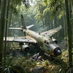 an intricate concept art of a crashed military plane in the middle of a bamboo jungle, artstation, sci - fi, hyper realistic, concept art, art by dylan cole, cinematic lighting, octane render