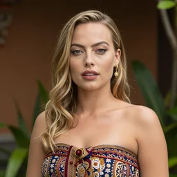 portrait of Margot Robbie wearing traditional Balinese dress, by Charlotte Grimm, natural light, detailed face, CANON Eos C300, ƒ1.8, 35mm, 8K, medium-format print
