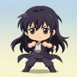 chibi, cute, action pose, full body, male anime character, long dark hair, stunning art style, filters applied, day time, magic, trending art, sharp focus, centered, landscape shot, fate zero, simple background, studio ghiblyi, makoto shinkai, yuji yamaguchi, by wlop