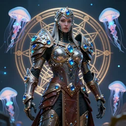 a centered render of a majestic post apocalyptic cyborg warrior wearing armour gemstones and crystals and leather clothing surrounded by bio - luminescent jellyfish and sacred geometry, cinematic, beautifully lit, by artgerm, by donato giancola, by viktoria gavrilenko 3 d, trending on artstation, octane render, 8 k