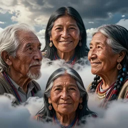 faces of indigenous amazonian grandfathers and grandmothers spirits in the clouds, smiling, benevolence, ancestors, detailed faces, art by christophe vacher