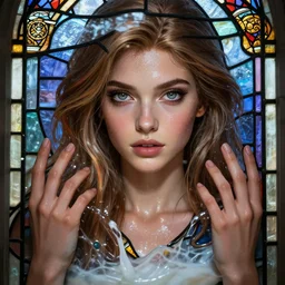epic masterpiece daria milky behind a stained glass, sweaty skin, hyperrealistic, octane render, cinematic, beautiful face and flawless skin, perfect hands, 5 fingers,  by Edgar Maxence and Ross Tran and Michael Whelan, Legends of Runeterra