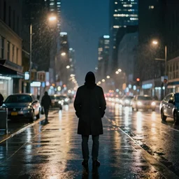 a heartless and lonely man, in the middle of a street of a big city, at night, rain and city lights