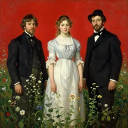 Solomon Joseph Solomon and Richard Schmid and Jeremy Lipking victorian genre painting portrait painting of a beautiful young village girl in an open field of flowers, red background