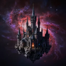 a dark gothic castle with tall spires on an asteroid floating in space with a red and purple nebula