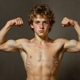 hyperrealistic painted portrait of rugged young teen twink zeus greek god showing biceps, frontal double biceps, handsome handsome detailed digital painting trending artstation concept art sharp focus illustration art by alphonse mucha greg rutkowski