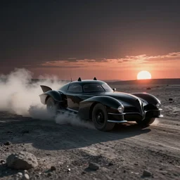 h. r. giger's batmobile speeding across the barren surface of the moon, a cloud of dust rising behind it, as the sun rises over the horizon