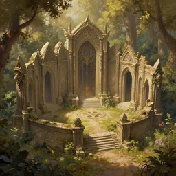 fantasy sanctuary ruins at the edge of a warm and lush deciduous forest, intricate, elegant, highly detailed, matte painting, sharp focus, illustration, magic the gathering, hearthstone, victor adame, clint cearley, jesse van dijk
