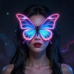 a portrait of a beautiful woman with a neon butterfly covering her face head, cult secret society art by james paick, and shaddy safadi, ominous, cosmic horror, trending on artstation, ultra detailed, hyper realistic 4 k, octane, cinema 4 d, c 4 d beeple render, style of the adventures of tin tin