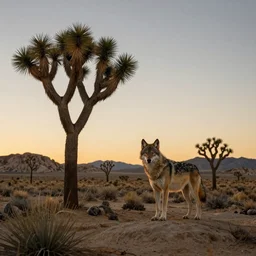 “wolf looking for its family in Joshua tree during Sunset”