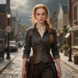 Giant Katniss Everdeen standing in a model city street, fine art photography by Julia Fullerton-Batten