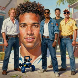 a mixed media portrait painting of crockett and tubbs, miami vice 1 9 8 4, detailed facial features, by frank frazetta, greg rutkowski, beeple, yoko taro, christian macnevin, beeple, wlop and krenz cushart, epic fantasy character art, volumetric indoor lighting, midday, high fantasy, cgsociety, cheerful colours, full length, exquisite detail, post - processing, masterpiece, cinematic