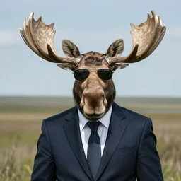 high quality portrait of a moose wearing a suit and sunglasses