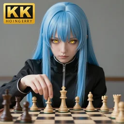 rimuru playing chess, with amber eyes of gold color, straight hair, sky blue hair, long bangs, high collar, concept art, award winning photography, digital painting, cinematic, by wlop, anime key visual, wlop, 8 k, by ross tran, tom bagshaw, andy warhol