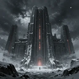 star wars concept art by greg rutkowski, a brutalist - looking and imposing temple in the middle of a snowy, dark and hostile landscape, strong blizzards, poor lighting, evil atmosphere, artstation hq.