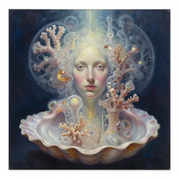 portrait oil painting, abstract expression, godly understanding, fantastical, ultra realistic, a symbiosis gel, coral shell at night, soft glows, intricate details, artifacts, luminous skies, transparent cells, highly detailed, michael cheval, peter mohrbacher, don maitz, boris vallejo, jessica rossier, oil