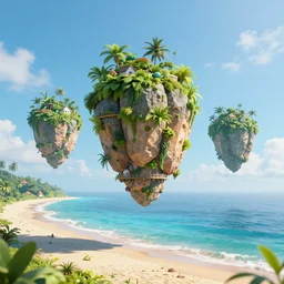 3 d render of small floating islands up in the sky sky sky, overlooking a beautiful beach, octane render, unreal engine, vivid colours, trending on art station