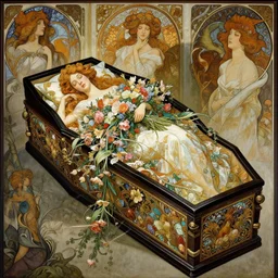 an elaborate coffin with a mysterious sleeping beauty holding a large bouquet of flowing flowers,, fantasy, regal, intricate, by stanley artgerm lau, greg rutkowski, thomas kindkade, alphonse mucha, loish, norman rockwell